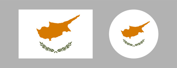 Cyprus flag badge, icon in circle, rectangle shapes. Rectangular, round National Cypriot flag, ensign button, sticker set. Cyprus entirety shape of island, two olive branches below on a white. © Hanna
