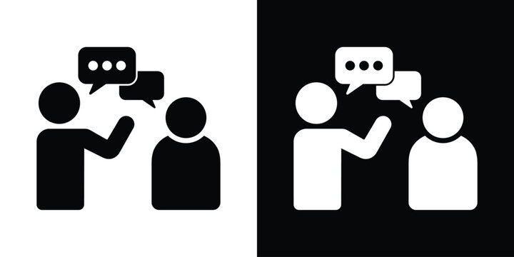 Business interaction icon featuring two individuals talking with speech bubbles. Perfect for communication, customer service, consulting, and collaboration themes.