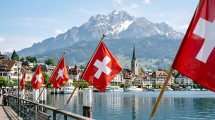 Swiss flags waving by lakeside village with snow-capped Alps on National Day celebration