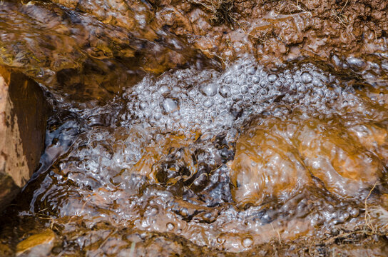 Abstract close-up of bubbling flowing water over bedrock and stones.