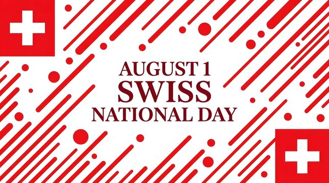 Swiss National Day celebration with red and white striped background and plus symbols