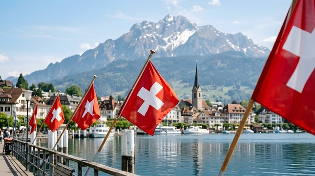 Swiss flags waving by lakeside village with snow-capped Alps on National Day celebration