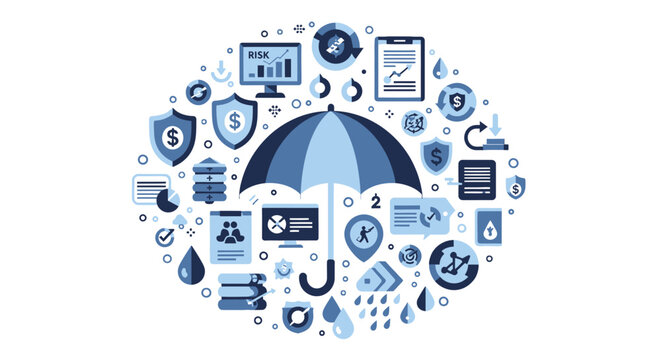 Comprehensive Insurance and Risk Management Flat Vector Illustration with Umbrella, Security Shields, and Financial Data Icons