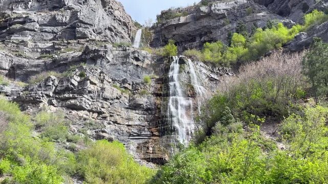 Waterfall at Bridal Veil Falls in Provo, Utah, USA in springtime 