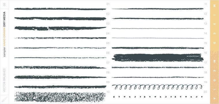 Hand Drawn Vector Brushes. Mixed Media Sampler Set. Dry Media.