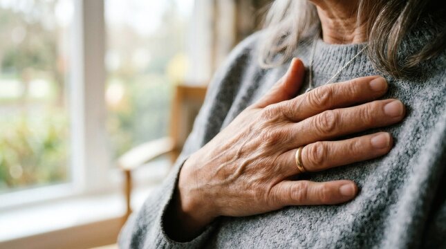 Elderly person holding chest in pain at home near window with soft natural light perfect for World Heart Rhythm Week