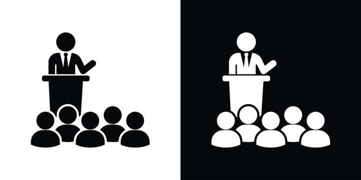 Public speaking icon showing a businessman at a podium addressing an audience. Ideal for political speech, press conference, conference, and lecture designs.