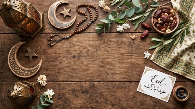 Sacred Islamic Eid al-Adha celebration setup with prayer beads, holy book, and decorative elements on wooden table