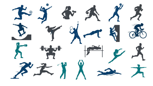 Dynamic sport silhouette vector collection featuring athletic game activities including football, basketball, cycling, yoga, fitness, running, tennis and other sports icons.
