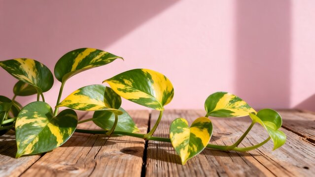 Variegated plant leaves on wooden surface