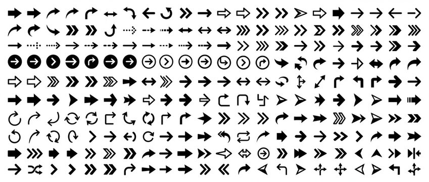 Collection of diverse arrow icons including directional circular and multi-headed symbols for web and app design isolated on white