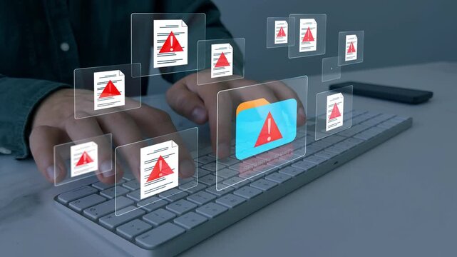 Cyber security alert showing hacked files, folders and documents, system warning and spam threats. Digital data breach concept for online protection and recovery, safety.
