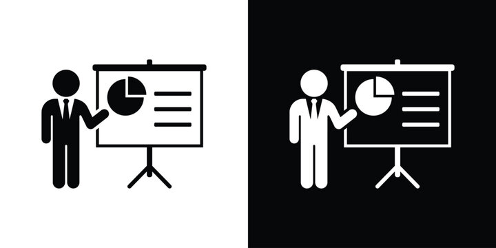 Financial analyst icon featuring a businessman pointing to a pie chart on a presentation screen. Perfect for marketing strategy, corporate report, and data analysis.