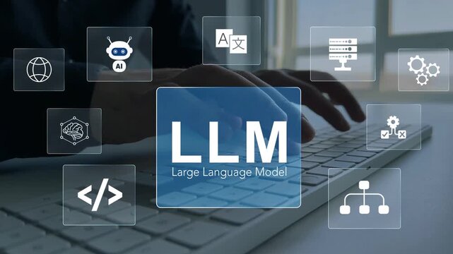 Large language model(LLM) with AI technology.User working on laptop in LLM,Data performrange language tasks,answering questions, summarizing information, translating languages, writing code.	