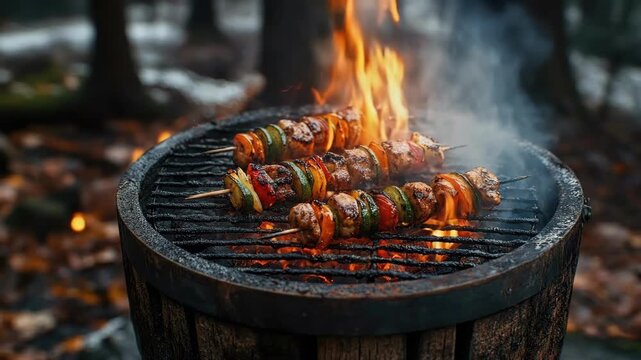 Grilled vegetable and meat skewers over open fire in forest setting
