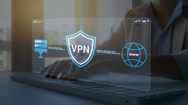 Digital connection between computer and a remote server owned VPN provider. VPN(Virtual Private Network) secure connection.Remote server private internet network to protect privacy personal data.