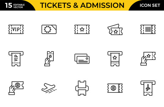Tickets and Admission Line Icon Set for Event Entry, Booking Pass, Cinema Ticket and Reservation System Outline Vector Collection