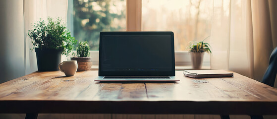 Fototapeta premium Cozy home office workspace with laptop on wooden desk, surrounded by potted plants near a sunlit window, creating a peaceful work from home atmosphere