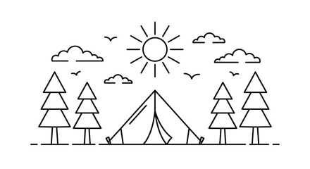 camping scene with tent and trees linear illustration © Mdmojibur