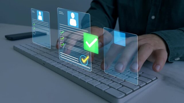 Employee approval process management.Digital documents with check marks verified staff records and online HR management.	
