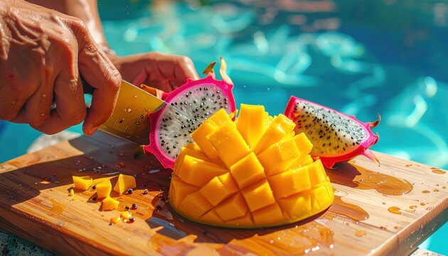 Slicing Mango and Dragon Fruit by Pool.