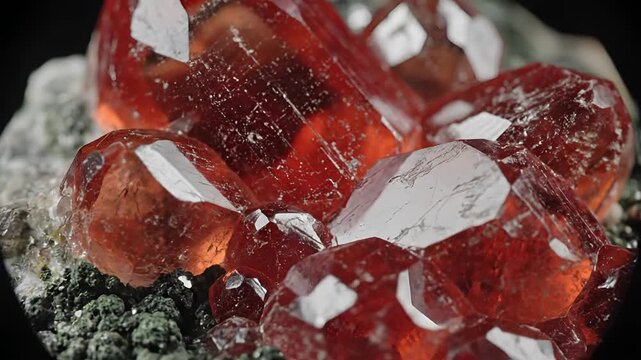 Closeup Macro Shot of Vibrant Red Garnet Crystals on Matrix.