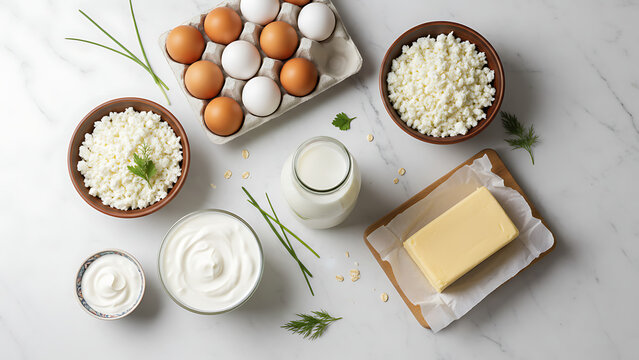 Assortment of fresh dairy products including organic milk, white cottage cheese, rustic chicken eggs, creamy yogurt, smooth sour cream, and natural butter arranged on a bright tabletop, top view.