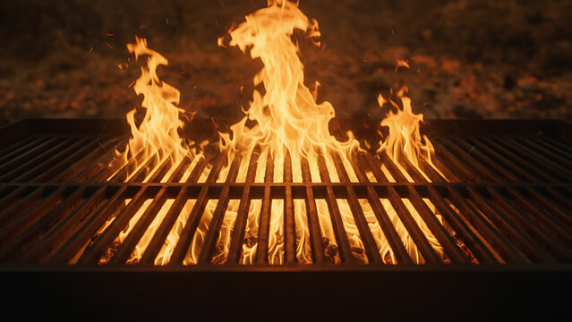 Empty iron BBQ grill grate glowing with hot flaming fire and orange sparks ready for outdoor barbecue product placement. Dark rustic background for professional grilled food advertising.