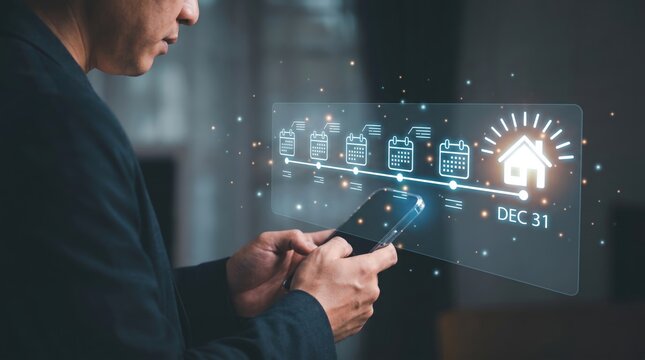 Futuristic Real Estate Planning and PropTech Concept: Person Interacting with Smartphone, Holographic Goal Timeline, and Neon Blue Dream House Icon