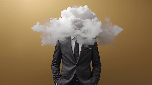 Businessman head cloud animation conceptual video footage showing creative thinking process with abstract smoke surrounding a professional suit wearing figure
