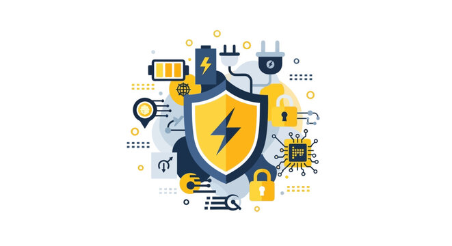 Energy Security and Electrical Power Protection Concept Illustration with Shield, Battery, and Padlock Icons for Cybersecurity and Infrastructure Safety