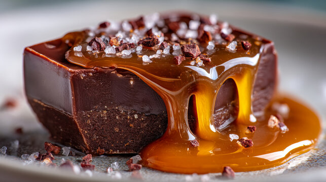 Gourmet chocolate and salted caramel square candy with toppings sea salt flake salt