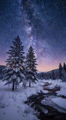 Fototapeta premium Milky way over snowy pine trees and frozen river at night