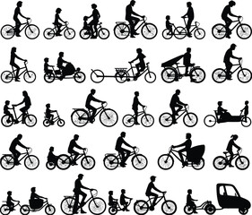 Naklejka premium Assortment of black silhouettes of people riding bicycles with children and cargo trailers cycling parent