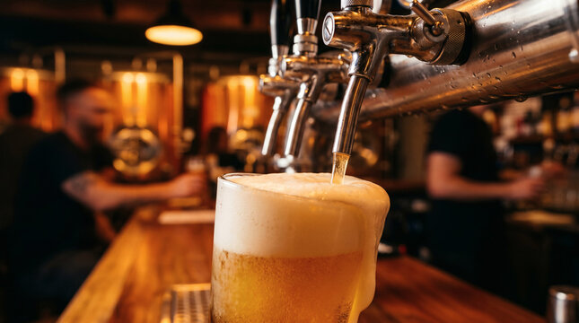 Pouring fresh craft beer from a tap in a local microbrewery