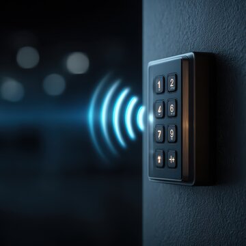 Sleek Smart Home Security Keypad with Glowing Blue Buttons on Dark Wall. AI generated image