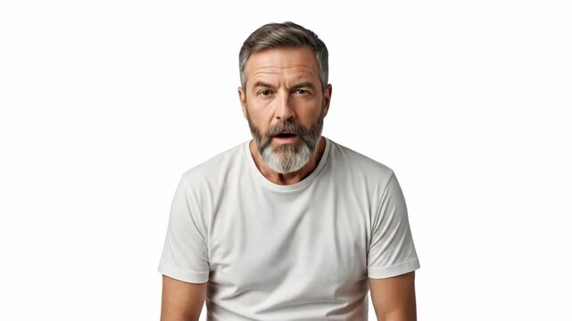 Man with beard in contemplative expression wearing a plain t-shirt