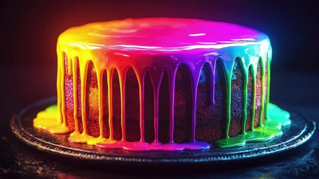 Vibrant rainbow cake with colorful dripping icing in dark setting