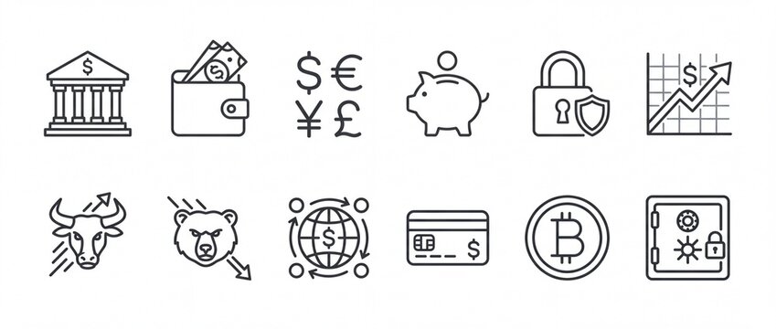 Financial icons set including bank wallet currency symbols piggy bank security and charts for finance and business concepts