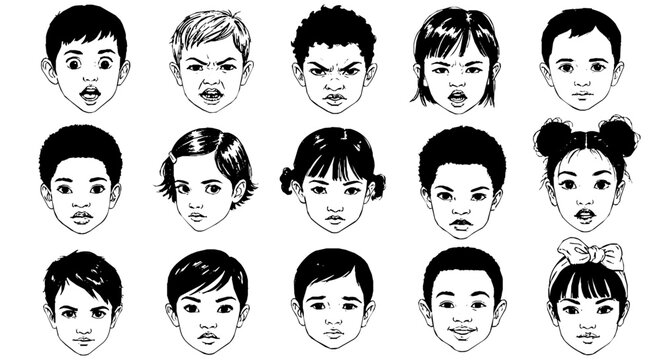 diverse young childrens faces vector illustration expressing a range of emotions from surprise to anger depicting human emotion childhood and expression concepts.