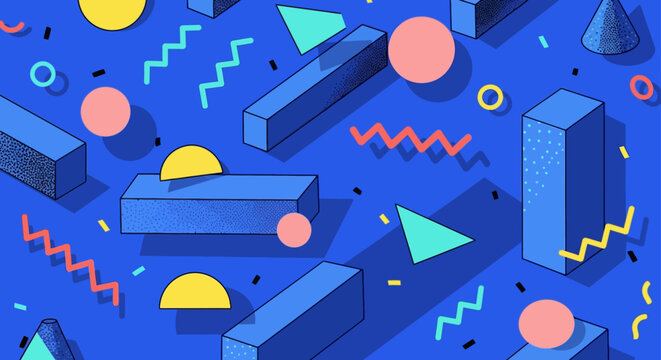 memphis style geometric pattern with abstract 3d shapes creates a vibrant retro 80s background perfect for creative design and modern graphic resources.