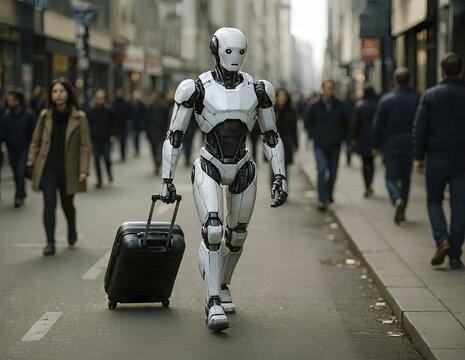 Symbolic picture, a humanoid robot with luggage and suitcase on the way to a trip, cybernetics, leisure, recreation, vacation, machine, ethics, fundamental right, humanoid robot, technology, morality, AI generated, AI generated