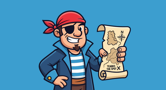 Pirate Cartoon Character with Treasure Map Vector Mascot Design