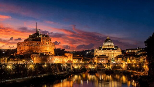 golden light view of castel santangelo and san pietro rome night view timelapse
