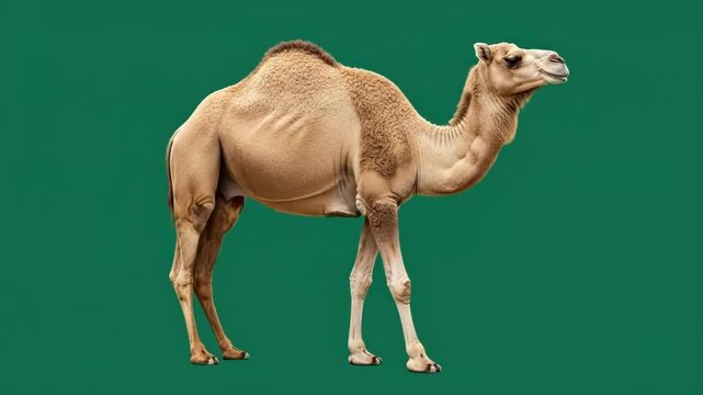 Dromedary camel in natural pose against green background