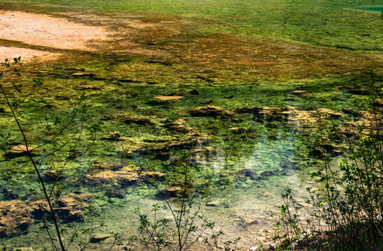 Crystal clear water of Gruner See with reflections in the Austrian Alps, capturing a pristine alpine lake landscape in spring.