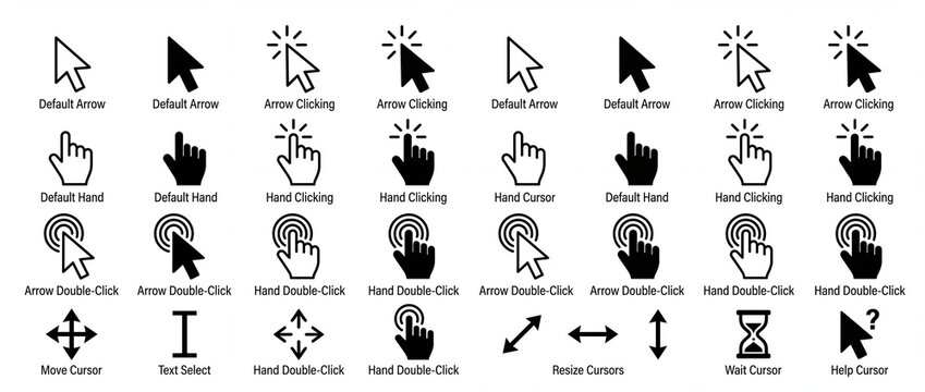 Collection of cursor icons including arrow hand and hourglass pointers for web and UI design isolated on white