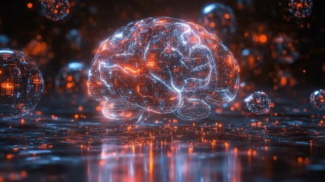 Futuristic digital brain with glowing holographic circuitry in virtual space