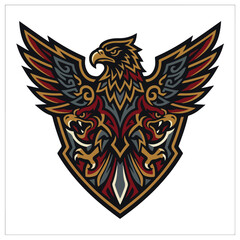 Obraz premium ornate tribal dual eagle mascot shield vector logo template