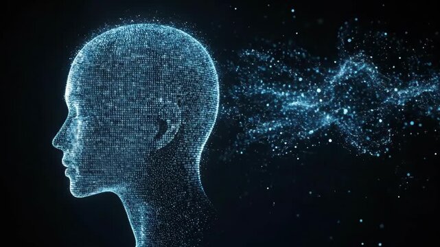 Digital representation of a human head dissolving into particles